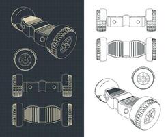 Stylized illustrations of a hoverboard blueprints vector
