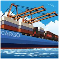 Loading of containers by large port cranes vector