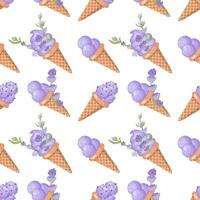 Lavender ice cream. Three scoops of creamy sweet dessert in a waffle cone. Purple sorbet. Seamless pattern. illustration. vector