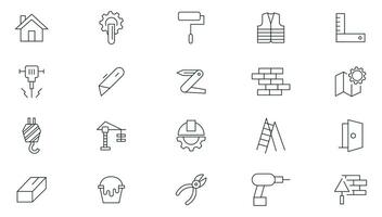 Construction line icon set. Construction, industry, home repair tools, builders and equipment, builder, crane, engineering, equipment, helmet, tool, house, renovation, outline icon collection. vector