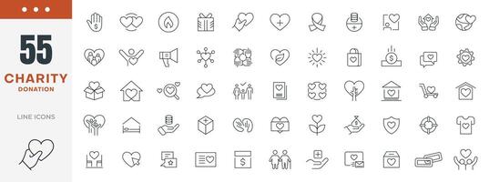 Charity and donation line icons set. Donate, charity, Giving, community, solidarity, trust, social care, NGO, helping hands, partnership, and help icon collection. Nonprofit organization. vector