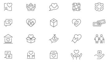 Charity and donation line icons set. Donate, charity, Giving, community, solidarity, trust, social care, NGO, helping hands, partnership, and help icon collection. Nonprofit organization. vector