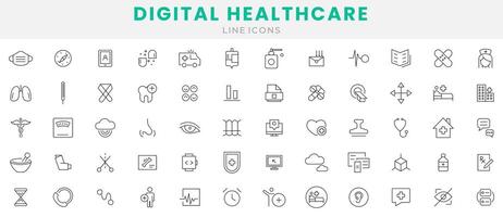 Digital healthcare medicale icon set. Healthcare, medical, medicine, check up, doctor, dentistry, pharmacy, lab, scientific discovery icons collection. Outline icon collection. Thin outline icons pack vector