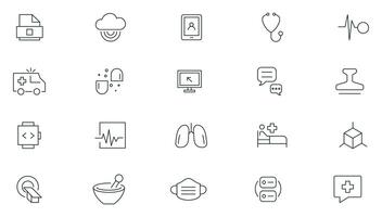 digital cuidado de la salud médico icono colocar. cuidado de la salud, médico, medicamento, cheque arriba, doctor, odontología, farmacia, laboratorio, científico descubrimiento íconos recopilación. contorno icono recopilación. Delgado contorno íconos paquete vector