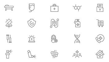 Medicals and Health Care line icons set. Healthcare, medical, medicine, check up, doctor, dentistry, pharmacy, lab, scientific discovery icons collection. vector