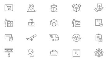 Delivery logistics and supply chain line icons set. Containing distribution, value chain, shipping, transportation, delivery, cargo, freight, route planning, and supply chain icons collection. vector