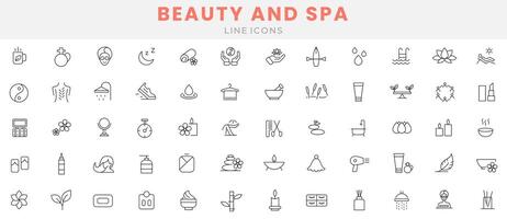 Beauty and spa icon set. Wellness, spa treatments, skincare, massage, hyaluronic acid, serum, anti ageing, pore tighten, cosmetology line icon collection. Cosmetics services and Spa icons. vector