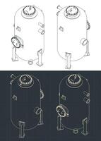 Vertical pressure tank isometric blueprints vector