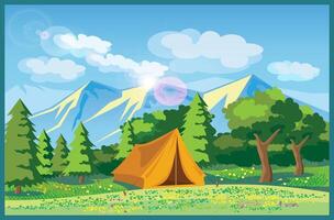 Picturesque meadow with a tent in a forest and mountains vector