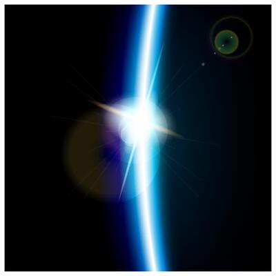 Realistic illustration of the planet's orbit and the view of the sun rising over it from space