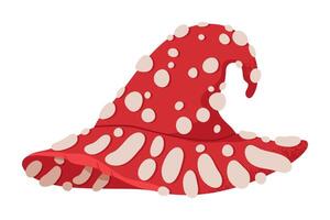 Amanita witch hat. Halloween fly agaric magician hat, mushroom decorated wizard hat flat illustration. Halloween october party fly agaric magician hat on white vector