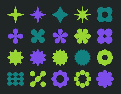 Geometric modern shapes. Abstract y2k brutalist figures, bauhaus, memphis graphic shapes, star, circle and flower shapes flat Illustration set. Contemporary design elements collection