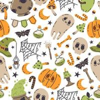 Halloween seamless pattern. Spooky October holidays symbols endless design, ghost, pumpkin, skull and witch poison cauldron flat background illustration. Hand drawn scary autumn pattern vector