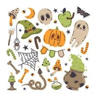 Halloween spooky symbols. October holidays traditional elements, ghost, pumpkin, skull and witch poison cauldron flat illustration set. Hand drawn scary autumn collection vector