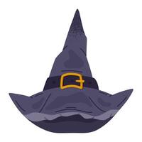 Halloween witch hat. Cartoon spooky magician hat, Halloween black wizard hat flat illustration. Hand drawn october party magician hat vector