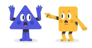 Funny geometric shapes. Comic characters for math school learning, triangle and rectangle mascots with funny emotions flat illustration. Cute geometric figures with funny emotions vector