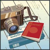 Retro rangefinder camera, passport and plane tickets. Travel, photography and journalism. vector
