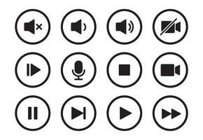 Audio, , music player button icon. Sound control, play, pause button solid icon set. Camera, media control, microphone interface pictogram. vector