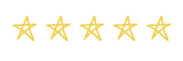 Five star doodle. Hand drawn quality, review yellow five star illustration. Award, quality, feedback concept elements. Sketch grunge style. Isolated vector