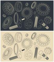 Set of sketches of various gears vector