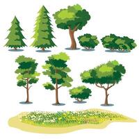 Set of stylized plants. shrubs, trees and fields with grass and blooming flowers vector