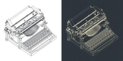 Vintage typewriter isometric blueprints vector