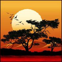 Tree at sunset vector