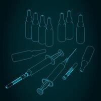 Disposable syringe with needle and ampules illustration vector