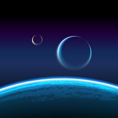 Realistic illustration of a view of the orbit of the planet and its satellite from space