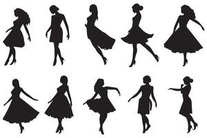 Dancing Girl Group Black Silhouette Female Figure Isolated Over White Background Illustration vector