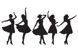 Dancing Girl Group Black Silhouette Female Figure Isolated Over White Background Illustration vector