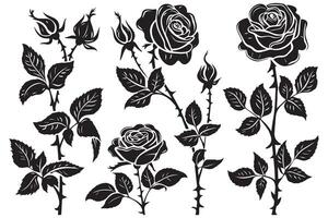 Set of decorative rose with leaves. Flower silhoutte vector