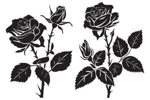 Rose Flower black Silhouettes isolated on a white background, Set of decorative roses with leaves Clipart vector