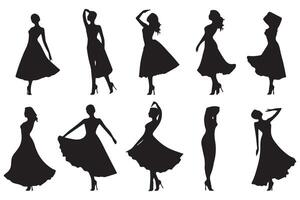 negro silueta de bailando muchachas en blanco antecedentes vector