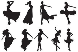 bailando niña grupo negro silueta hembra figura aislado terminado blanco antecedentes ilustración vector