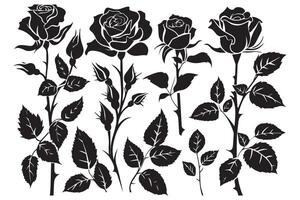 Rose silhouettes illustration. Black buds and stems of roses stencils isolated on white background vector