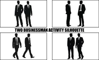 Two Businessman Having A Discussion art Silhouette Set, Two Businessman activity silhouette black Clipart Collection vector