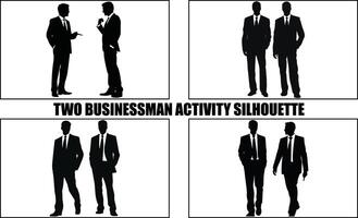 Two Businessman Having A Discussion art Silhouette Set, Two Businessman activity silhouette black Clipart Collection vector