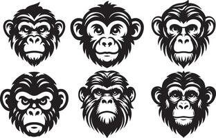 Funny monkey head set silhouette illustration. Angry monkey face bundle. vector