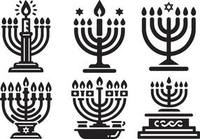 Hanukkah menorah Jewish holiday candelabra with candles set illustration. vector