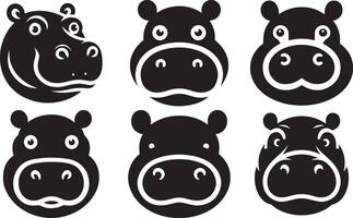 Hippopotamus head set illustration. Hippo face silhouette design. vector