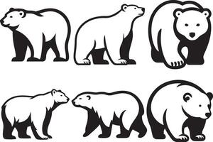 Walking polar bear silhouette set. vector