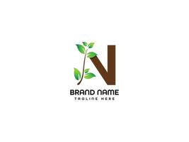 bio leaf with n letter logo design vector