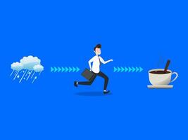 cartoon illustration design. people come home from work in the rain to the house drinking coffee. vector