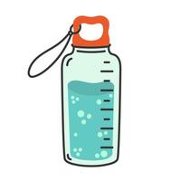 Plastic bottle with cold still water icon. Reusable container with measuring scale, cord, cap. Bottle for cycling, trip, sport. Zero waste, transparent packaging with drink. Hand drawn doodle vector