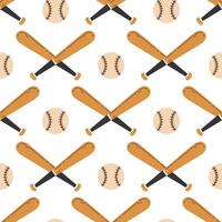 Crossed wooden baseball bats and leather balls, seamless pattern. Sports equipment for USA softball, training, competition. Game match tools. Hand drawn background, cartoon ornament for print vector