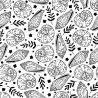 Seashells seamless pattern. Nautilus, conical and spiral shells among seaweed, starfish, clams. Underwater animals on the sea bottom, ocean mollusks. Hand drawn black and white background vector