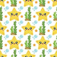 Cute starfish seamless pattern. Funny ocean animal smiling. Ornament with a yellow character. Happy underwater star on the seabed among seaweed, bubbles. Colorful sea background for kids vector