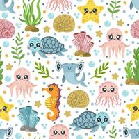 Wild sea life seamless pattern. Ocean animals-baby shark, cute turtle, funny jellyfish, seahorse, starfish, octopus. Underwater pets among seaweed, shells, corals. Hand drawn marine background vector
