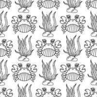 Funny crab seamless pattern. Aquatic animal in a shell, with claws. An ocean creature swims on the seabed among seaweed. Coloring book for kids. Hand drawn outline, marine background vector